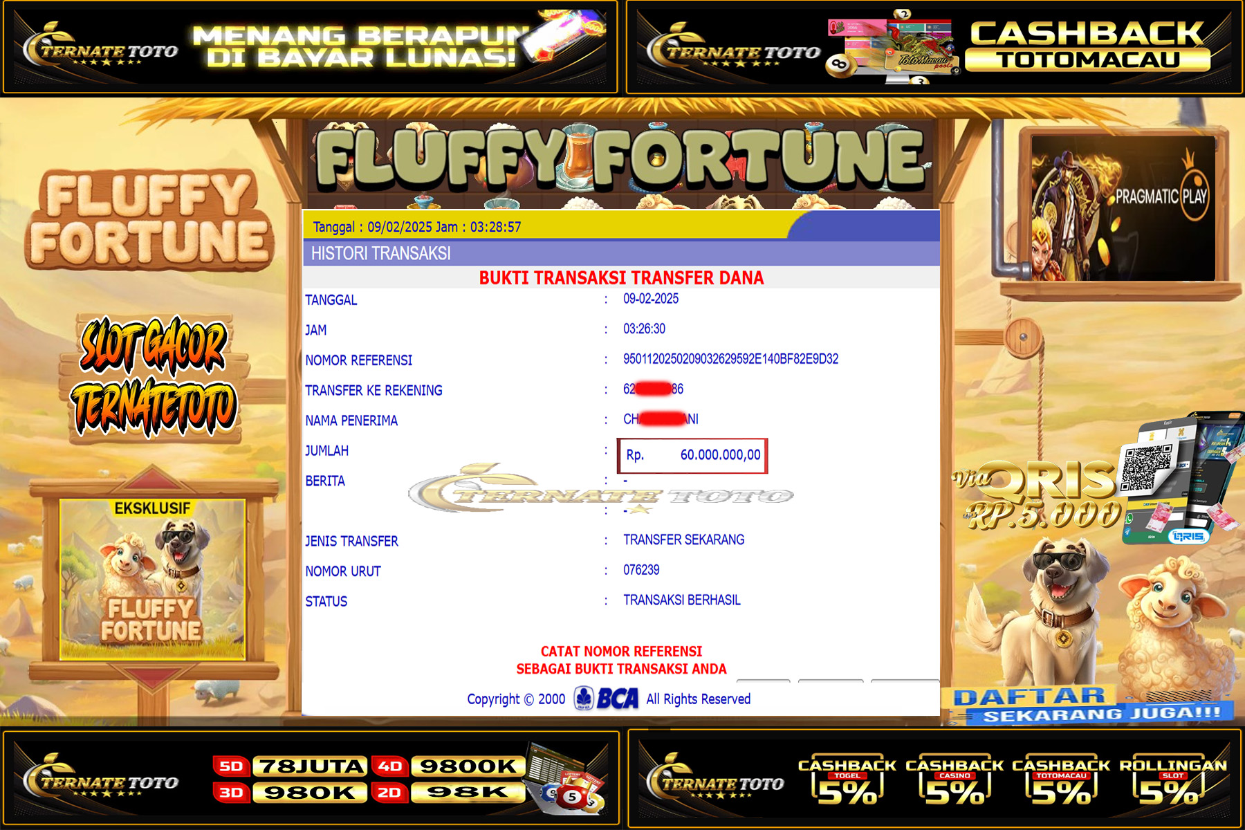 TERNATETOTO - JACKPOT SLOT FLUFFY FORTUNE Rp. 60,000,000,-